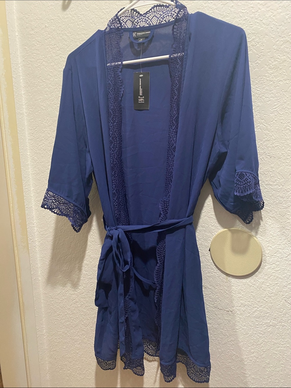 INC International Concepts Navy Lace-Trim Kimono Robe